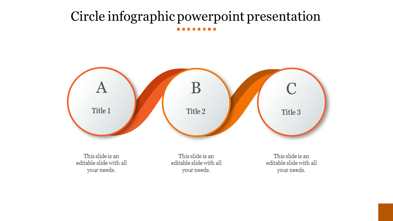 Circle infographic PowerPoint presentation template with three sections labeled A, B, and C, connected by an orange ribbon.