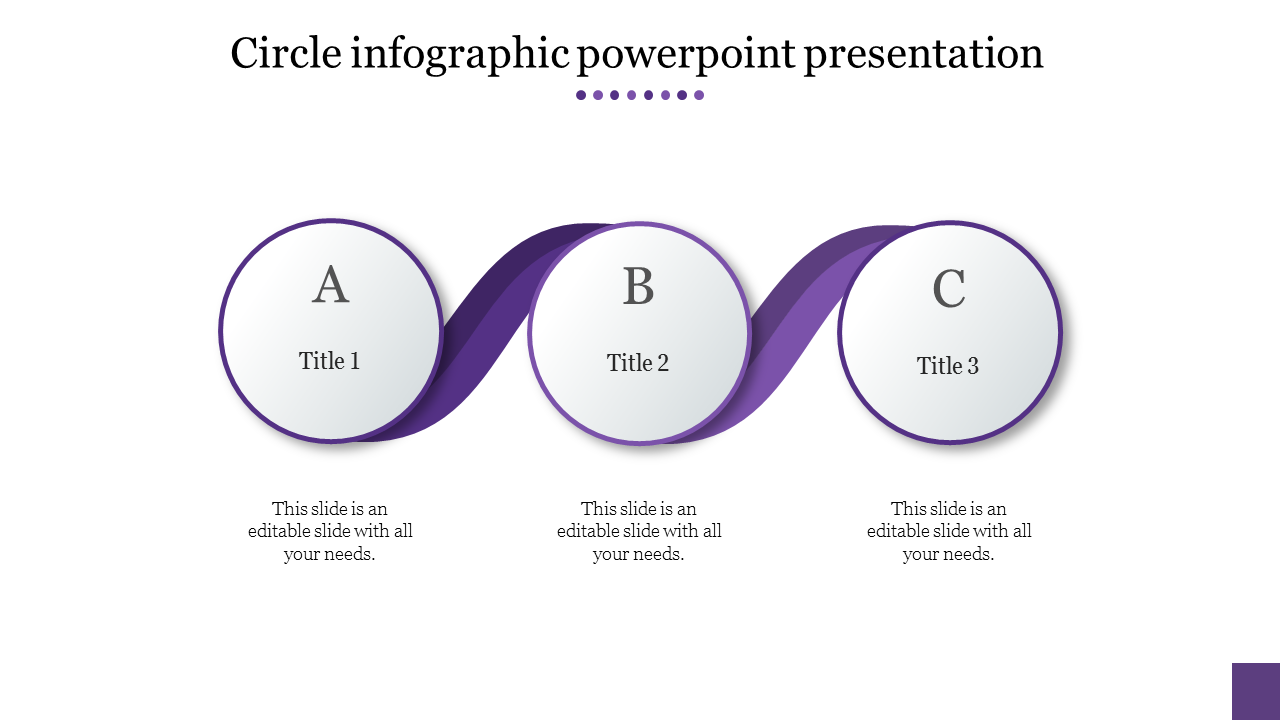 Infographic slide with three purple bordered circles linked by a flowing ribbon like structure.