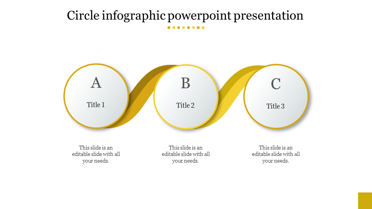 Circle infographic PowerPoint presentation template with three sections labeled A, B, and C, connected by a yellow ribbon.