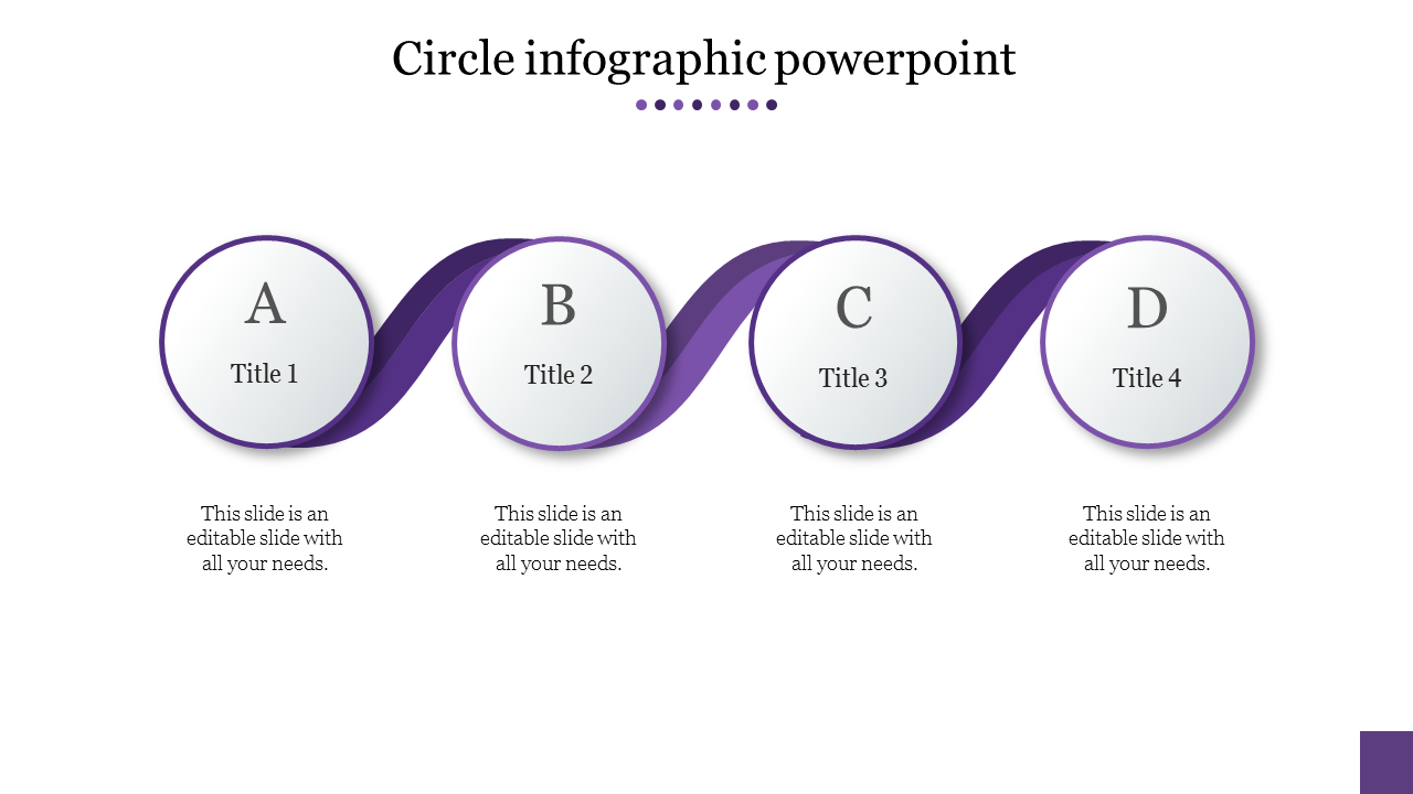 Circle infographic slide with four steps labeled A, B, C, and D, connected by a purple wave ribbon.