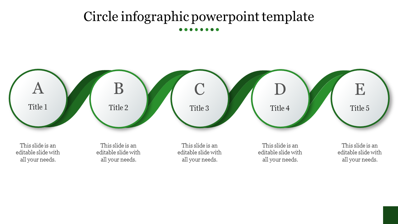 Circle infographic PowerPoint template with five sections A, B, C, D, and E, connected by a green ribbon with titles.