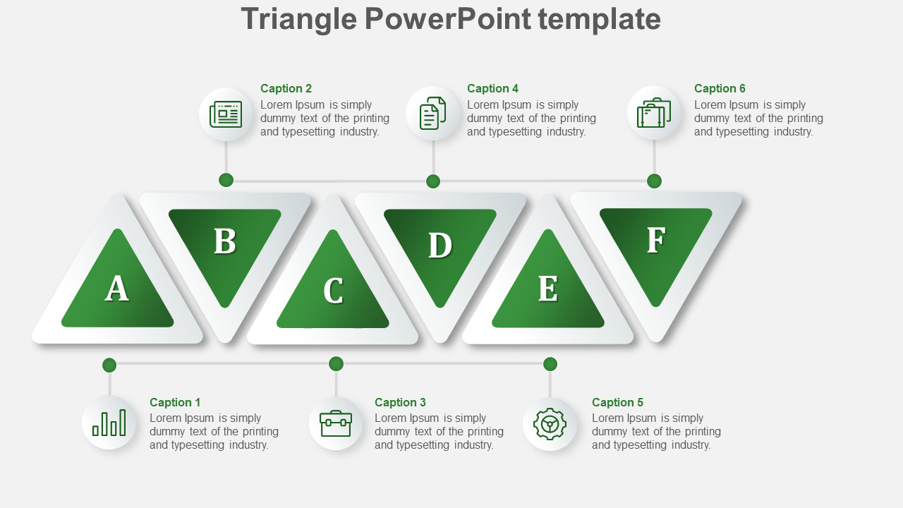 Triangle shaped PowerPoint template with six green triangles labeled A to F, each with a caption and icon.