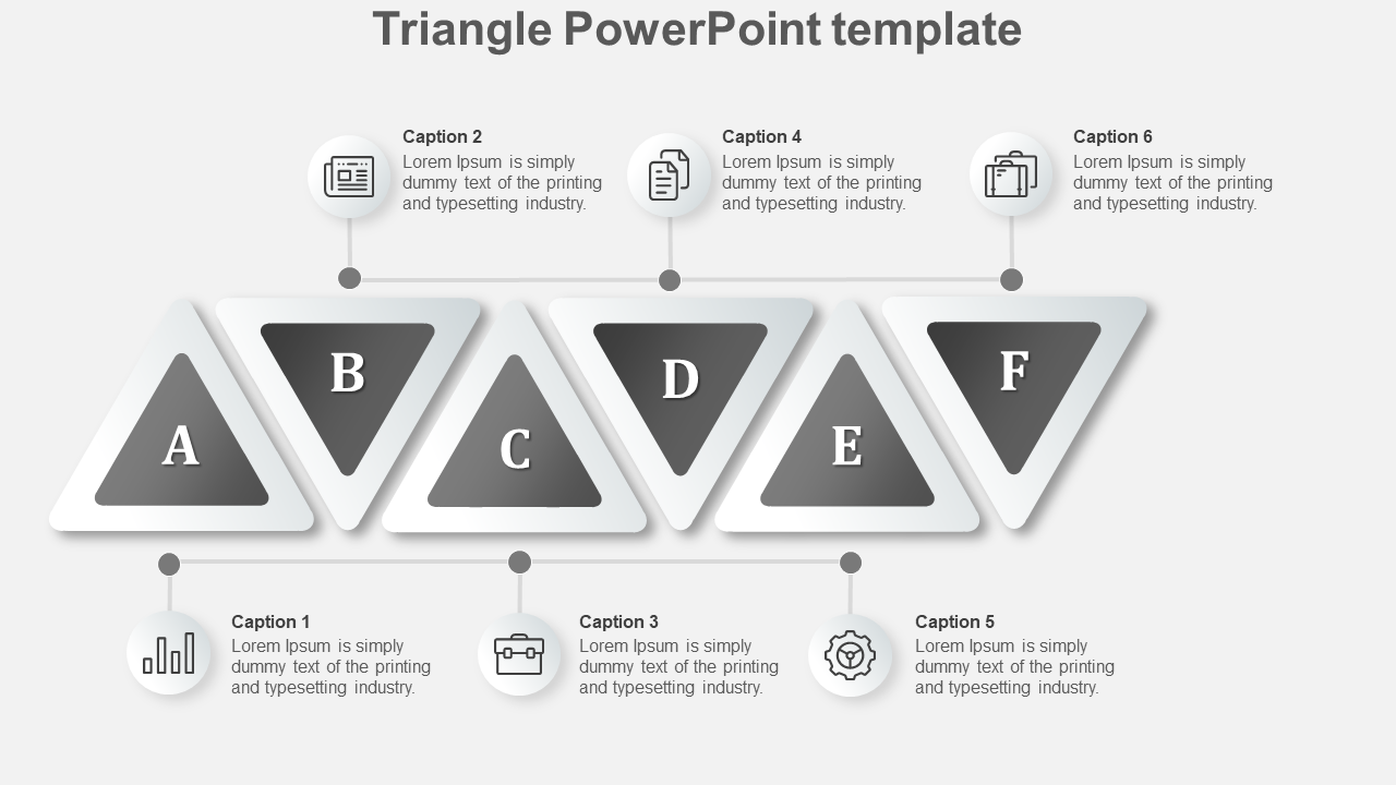 Triangle PowerPoint template with labeled sections A to F, each having accompanying captions and icons.