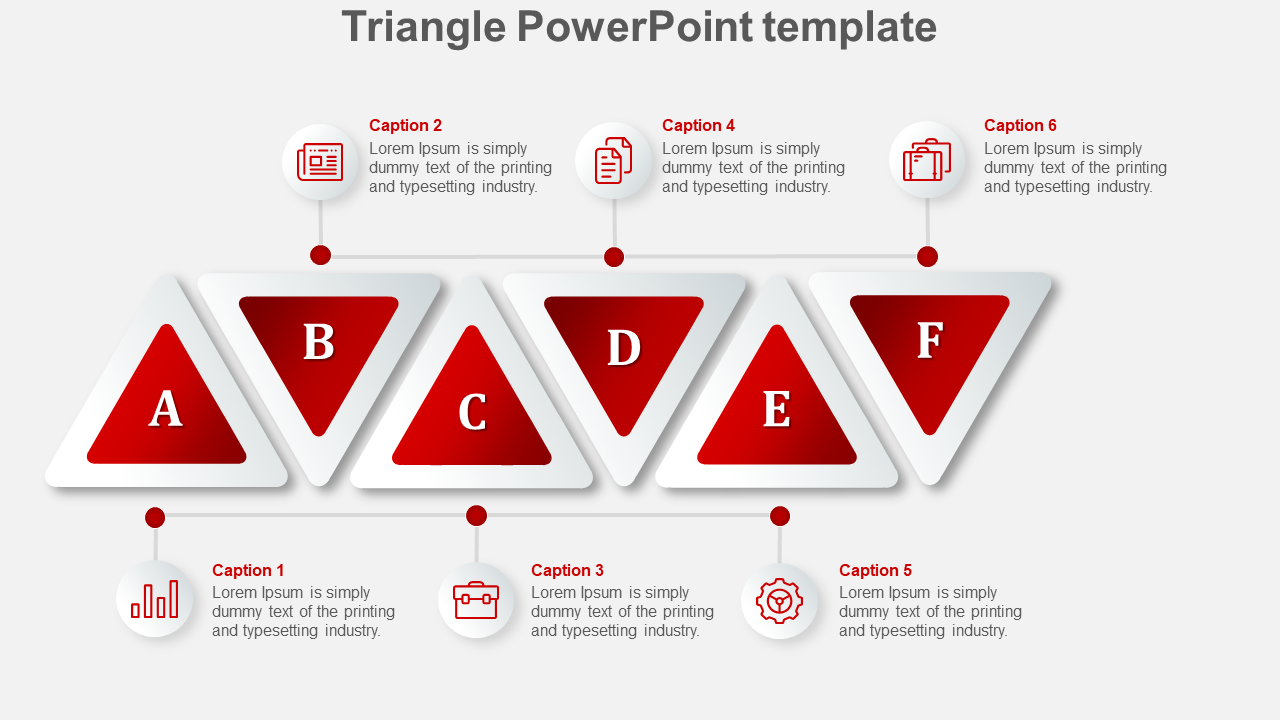 Slide with six red triangles with white outlines, labeled A to F, featuring captions above and below.