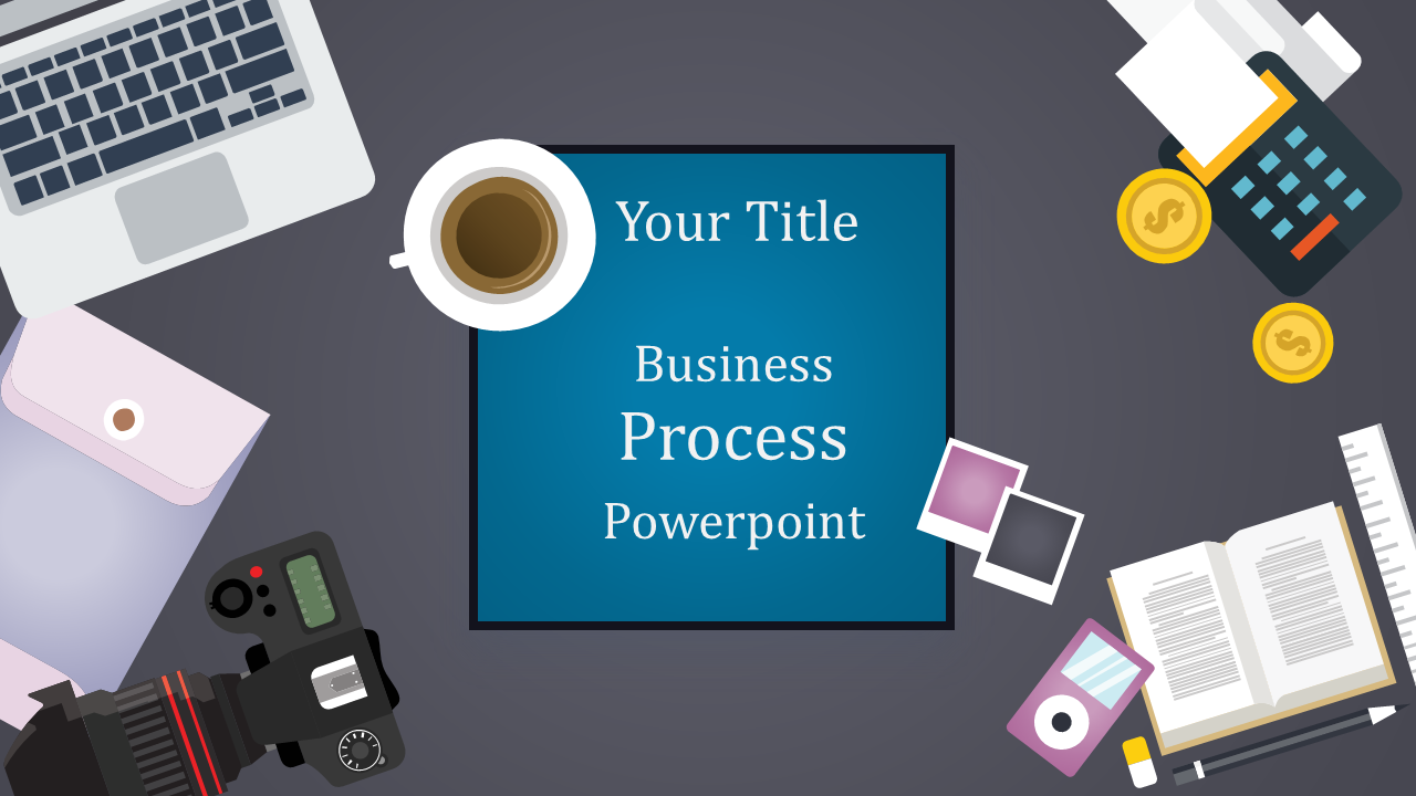 Business process design with office tools such as a laptop, coffee cup, camera, and calculator around a blue central box.