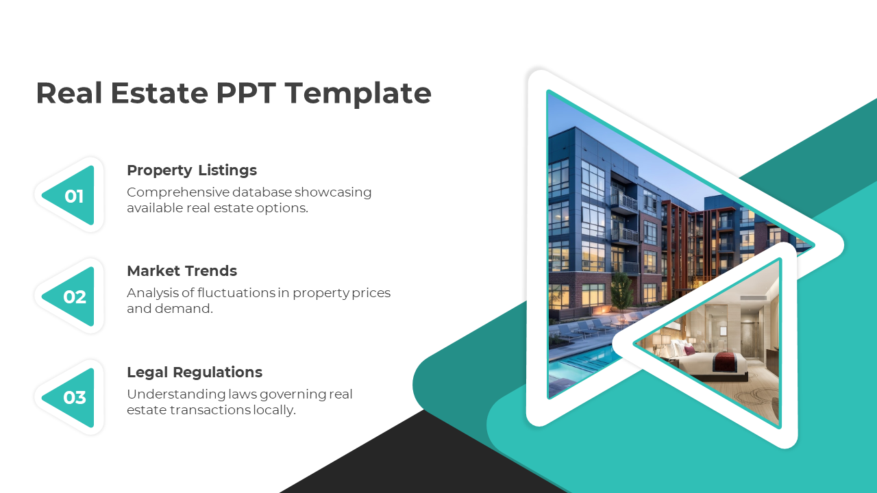 Real Estate PowerPoint slide with sections on property listings, market trends, and legal regulations, featuring property images.