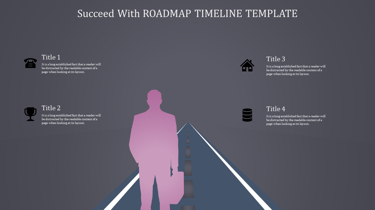 Roadmap timeline slide with four milestones, each represented by an icon and description along a road, with a person.