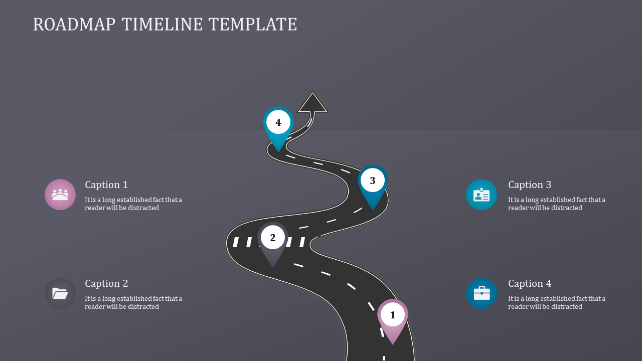 Curved roadmap with four pinpoint markers in blue, teal, purple, and gray, paired with text sections on a dark backdrop.