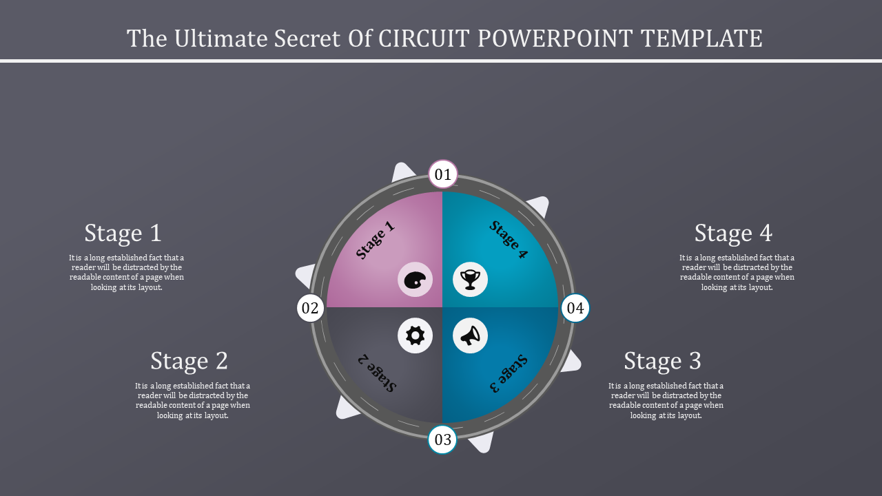 Circular infographic with four colored segments, each labeled with stages and icons, on a dark gray background.