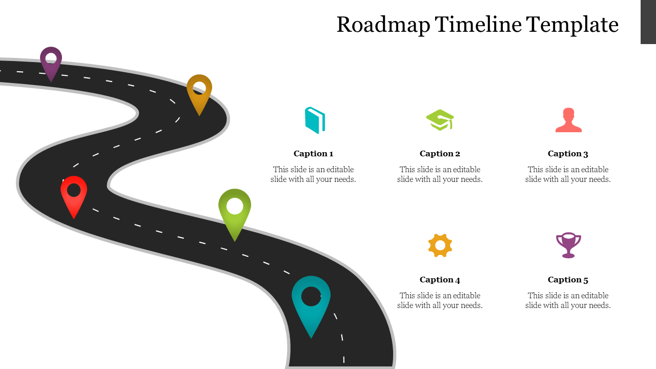 Roadmap slide with a winding road and colorful location markers. Icons and captions on the right side.