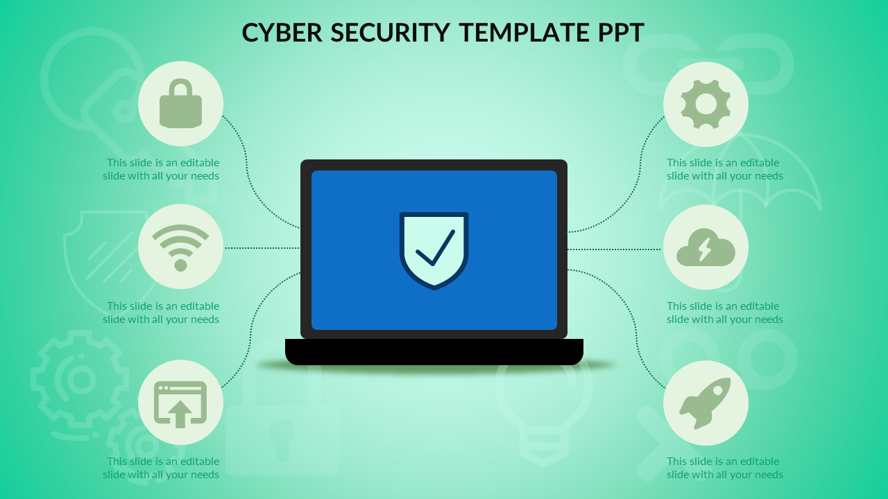 Green-themed slide with a laptop displaying a shield, connected to six circular icons with text around it.