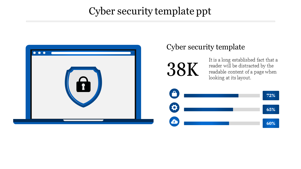 Cybersecurity slide featuring a shield lock icon on a laptop and bar charts placed in a white backdrop.