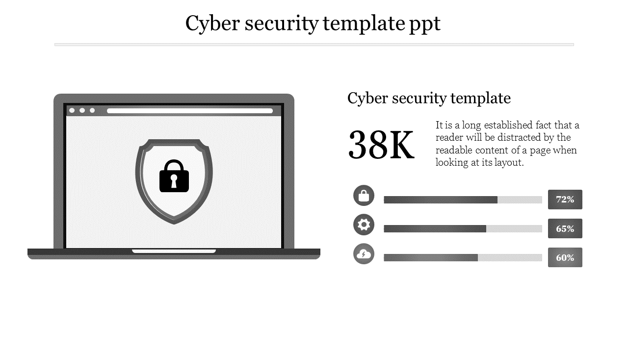 Laptop graphic with a security lock, accompanied by text and three progress indicators for cybersecurity-related metrics.