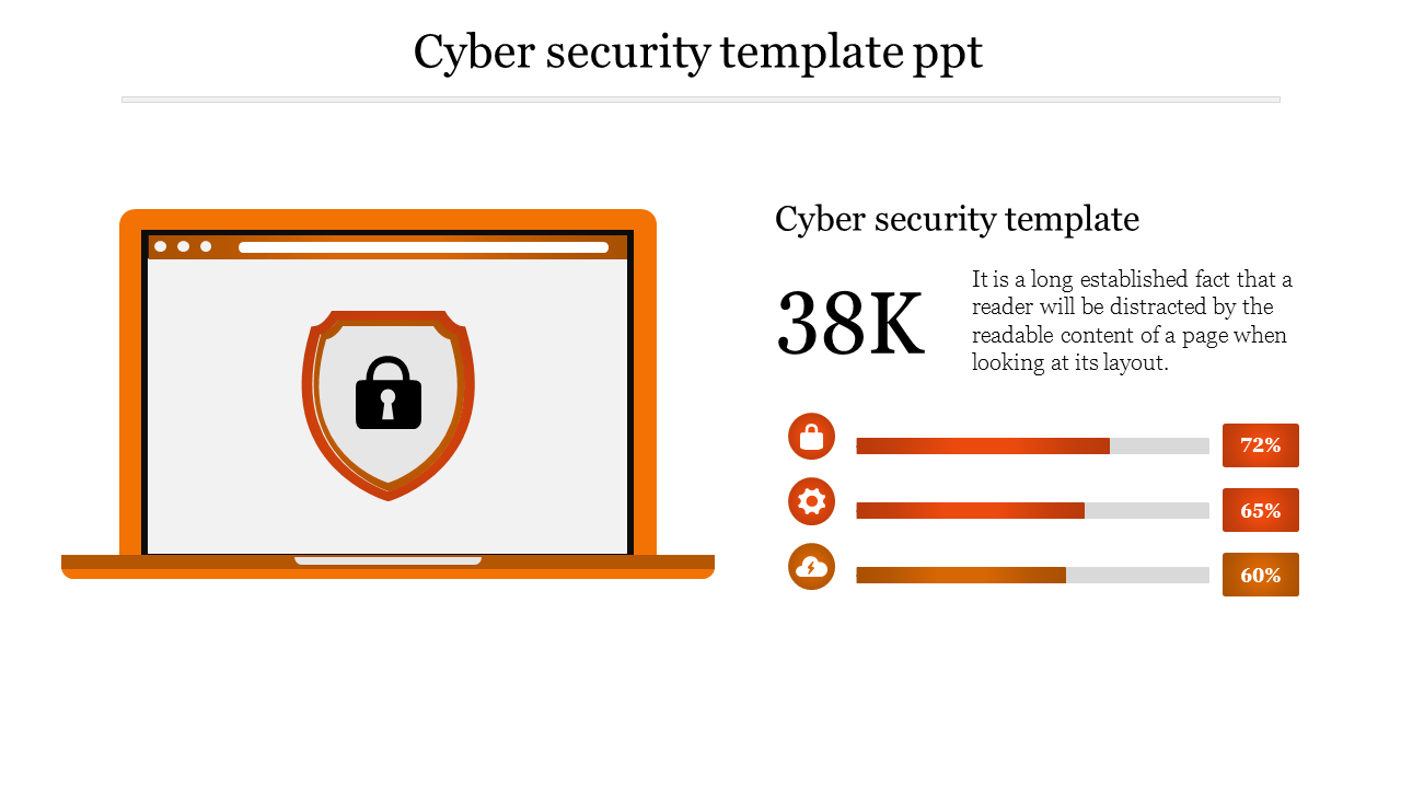 A laptop illustration with an orange border displaying a shield icon, paired with three progress bars showing data points.