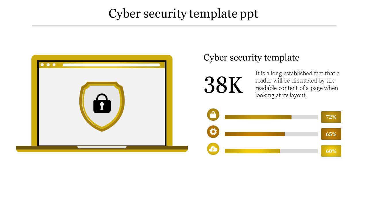 An illustrative slide focusing on cyber security, showcasing a laptop graphic and progress bars indicating various metrics.