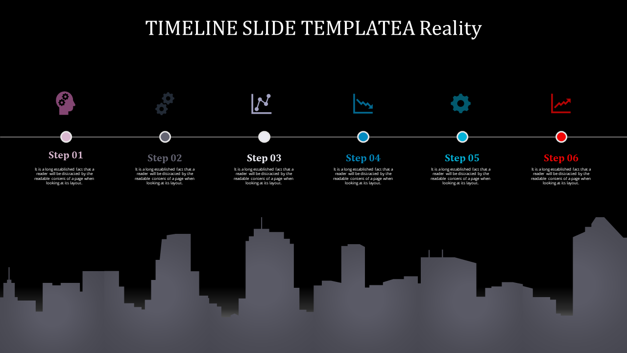 Horizontal timeline slide with six steps represented by icons, text captions, and a skyline silhouette in the background.