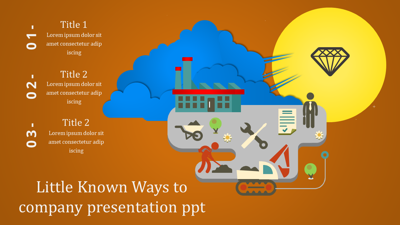 Businessslide with factory and construction visuals, a diamond icon, and three numbered titles on an orange background.