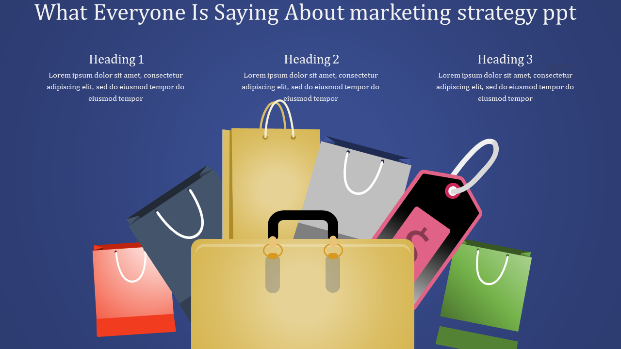 Marketing strategy PowerPoint template featuring shopping bags and tags, with three sections for headings and descriptions.