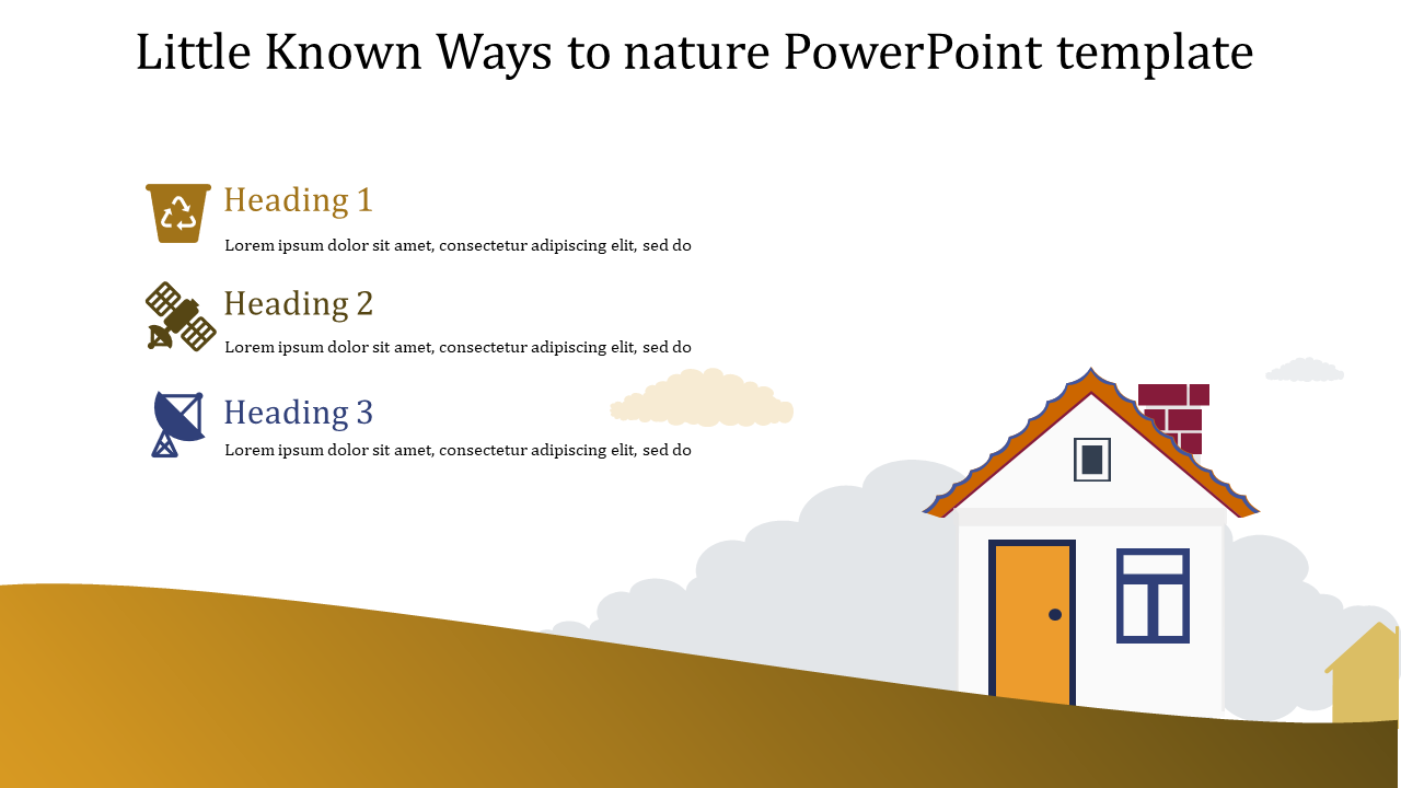 Nature inspired slide design with text sections and icons, accompanied by a house illustration and soft clouds.