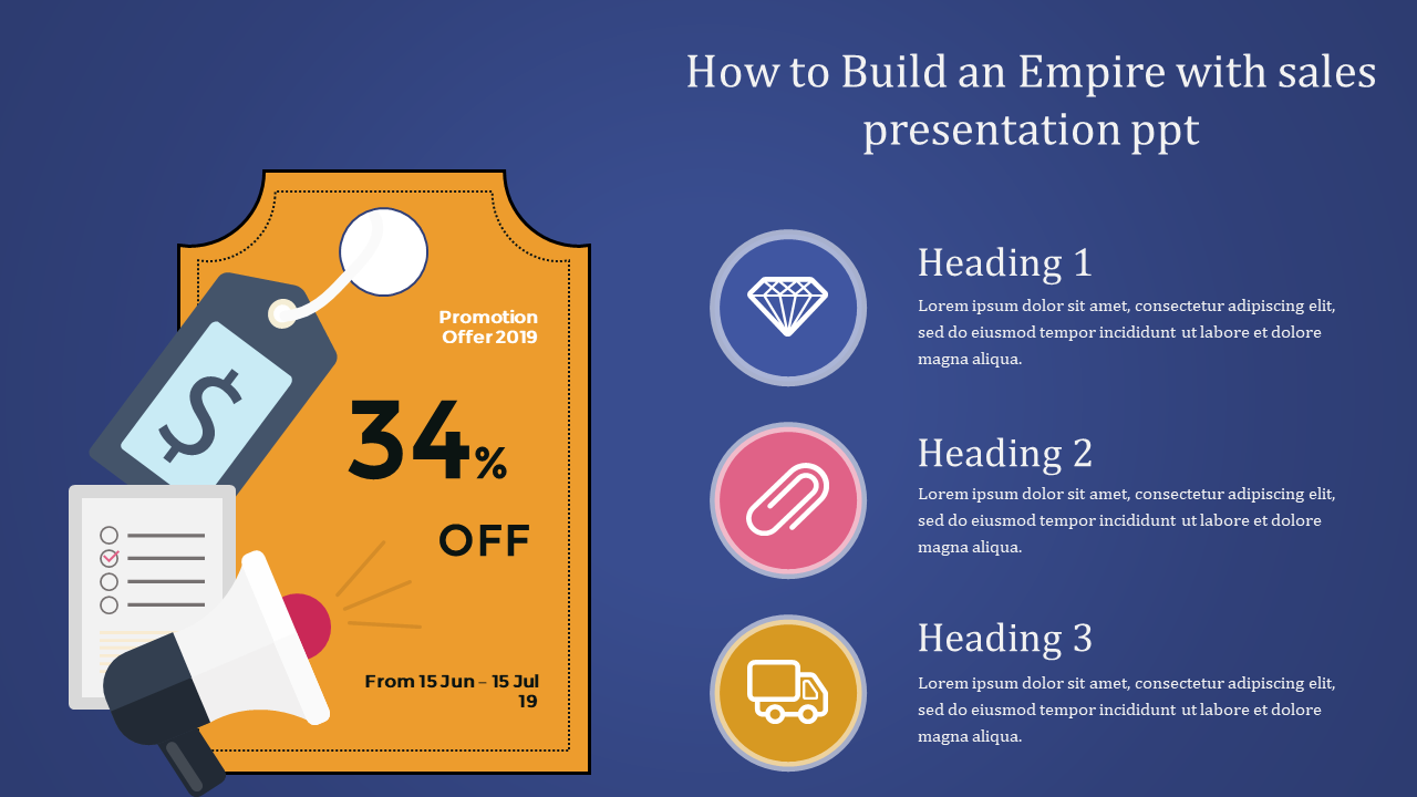 Sales PPT template featuring a 34 percent off promotion offer with a megaphone, diamond, checklist, and shipping icons.