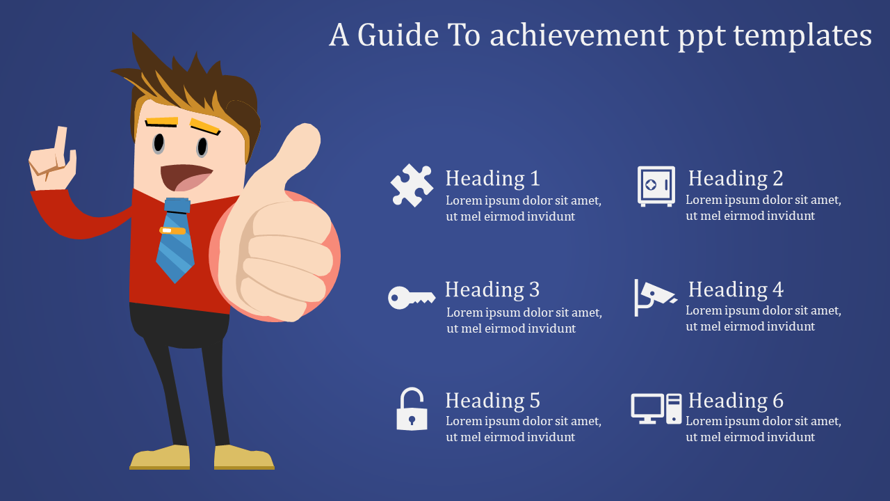 Achievement focused slide showing a cartoon character and six headings with icons such as a key, lock, and computer.