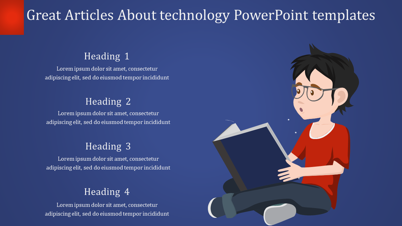 Illustration of a boy in red shirt reading a book and four text sections aligned on the left, against a blue backdrop.