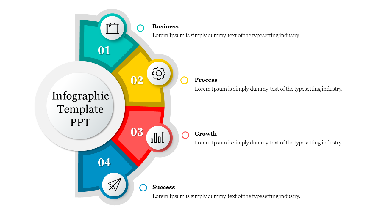 Infographic slide featuring a segmented wheel with four labeled sections with color coded icons and placeholder text.