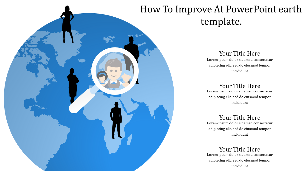 Blue globe design with people icons and magnifying glass, with four title placeholders on the right side.