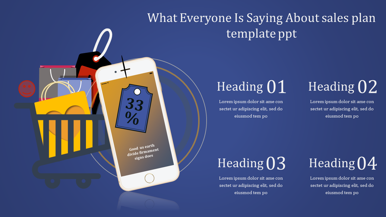 Slide showcasing a sales plan concept with visuals of shopping items and a discount label, with four numbered headings.