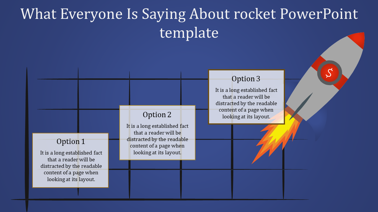 Rocket themed PowerPoint slide with three options for content, each inside a box, with a rocket taking off on the right.