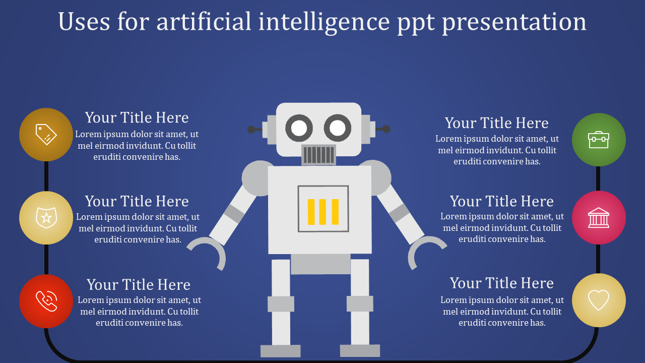 Robot illustration in the center with six color coded icons connected by a curved line on a blue background.