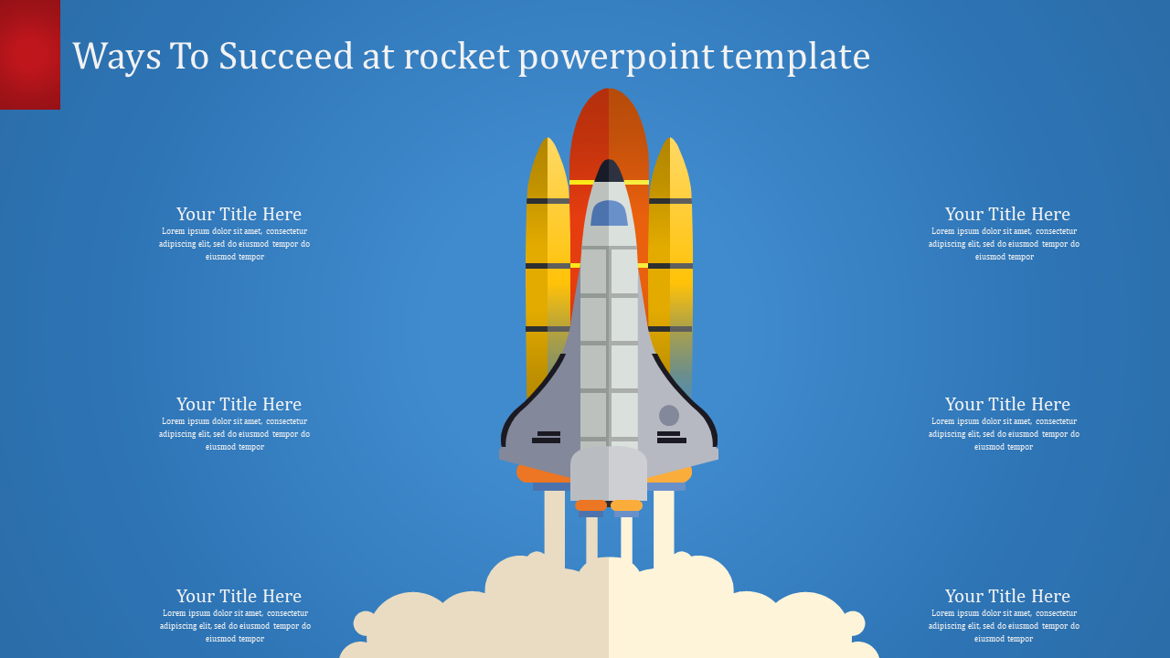 Slide showing a coloured rocket launching with text boxes on both sides, set against a blue background.