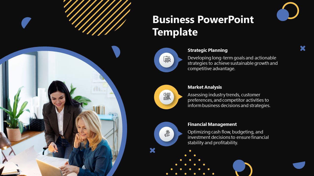 Black-themed business template with a circular photo frame and strategic planning, market analysis, and financial icons.