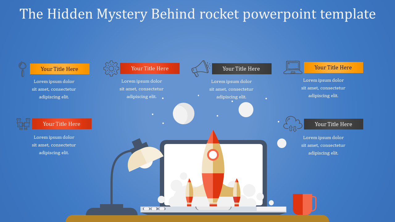 Rocket PowerPoint template with title placeholders and icons for various concepts with placeholder text on a blue backdrop.