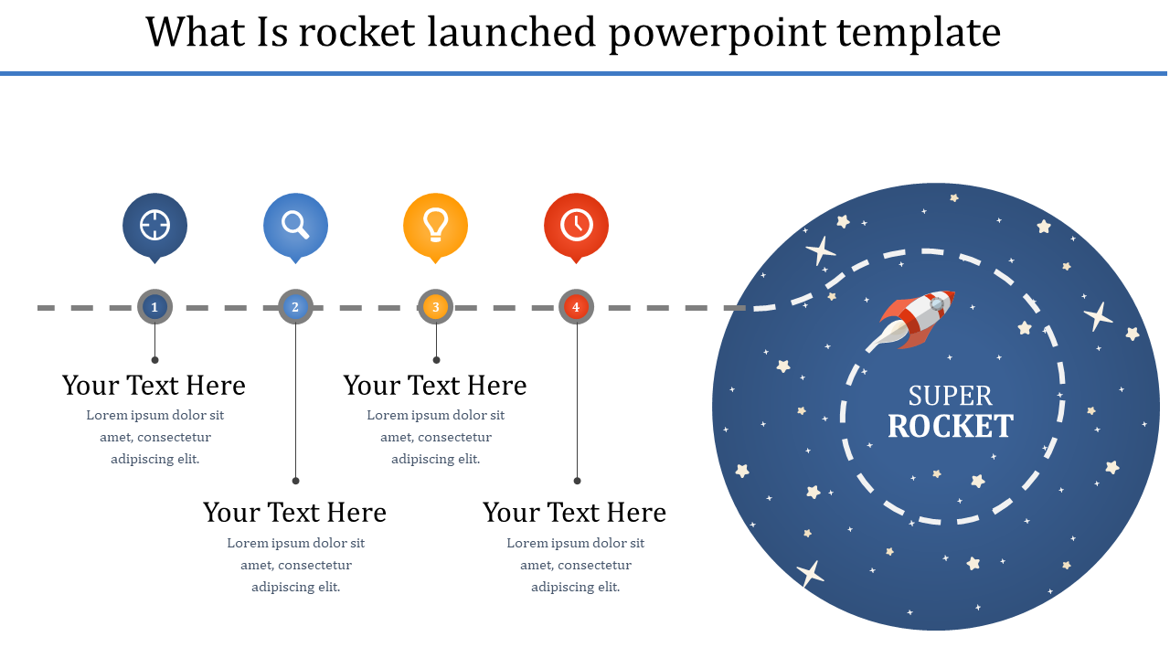 Rocket-themed timeline with four numbered steps, circular path, and rocket illustration in a blue space-themed background.