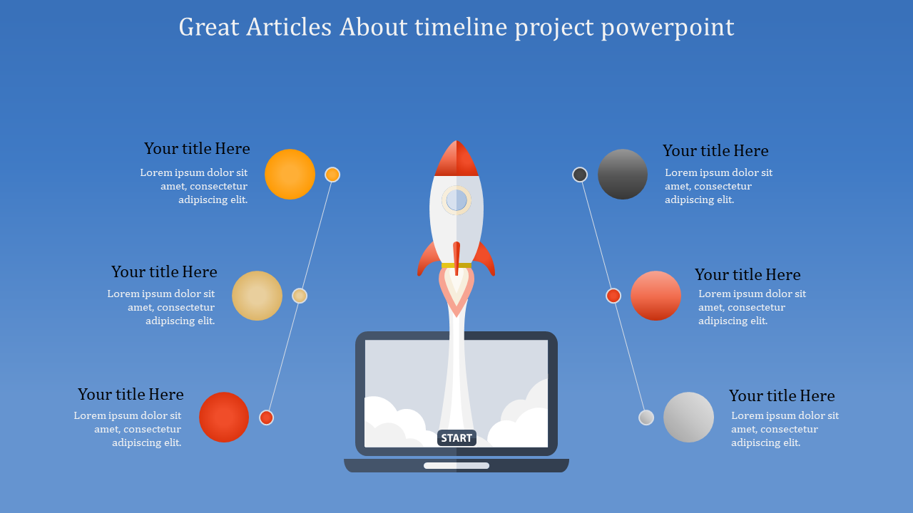 Slide with a central rocket illustration rising from a laptop and six circular timeline markers, on a blue background.