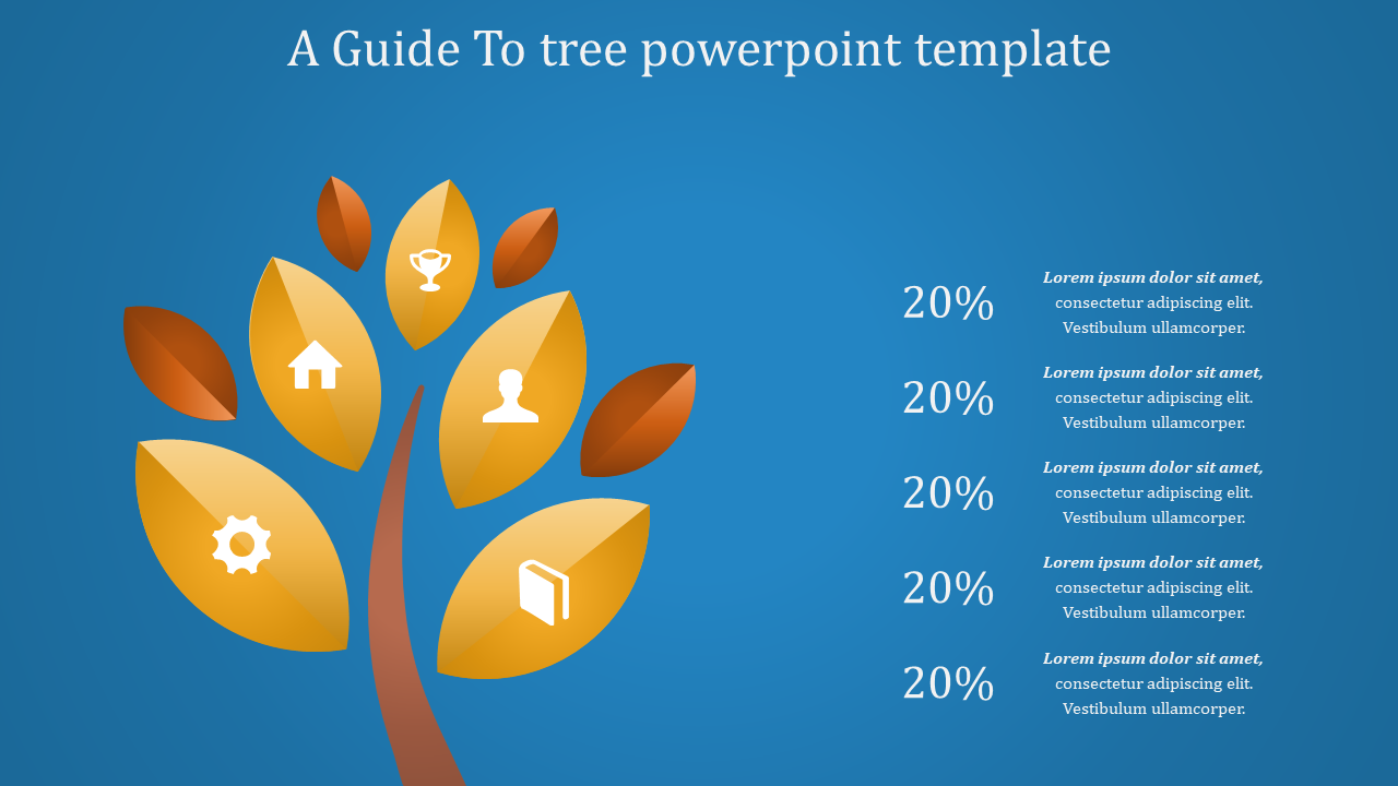 Tree diagram PowerPoint slide showing percentage distribution with icons for different categories on a blue theme.