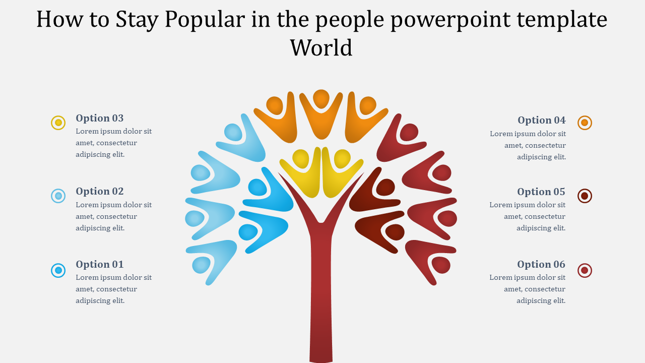 Abstract tree design made of colorful people figures with outstretched arms, with six numbered caption areas.