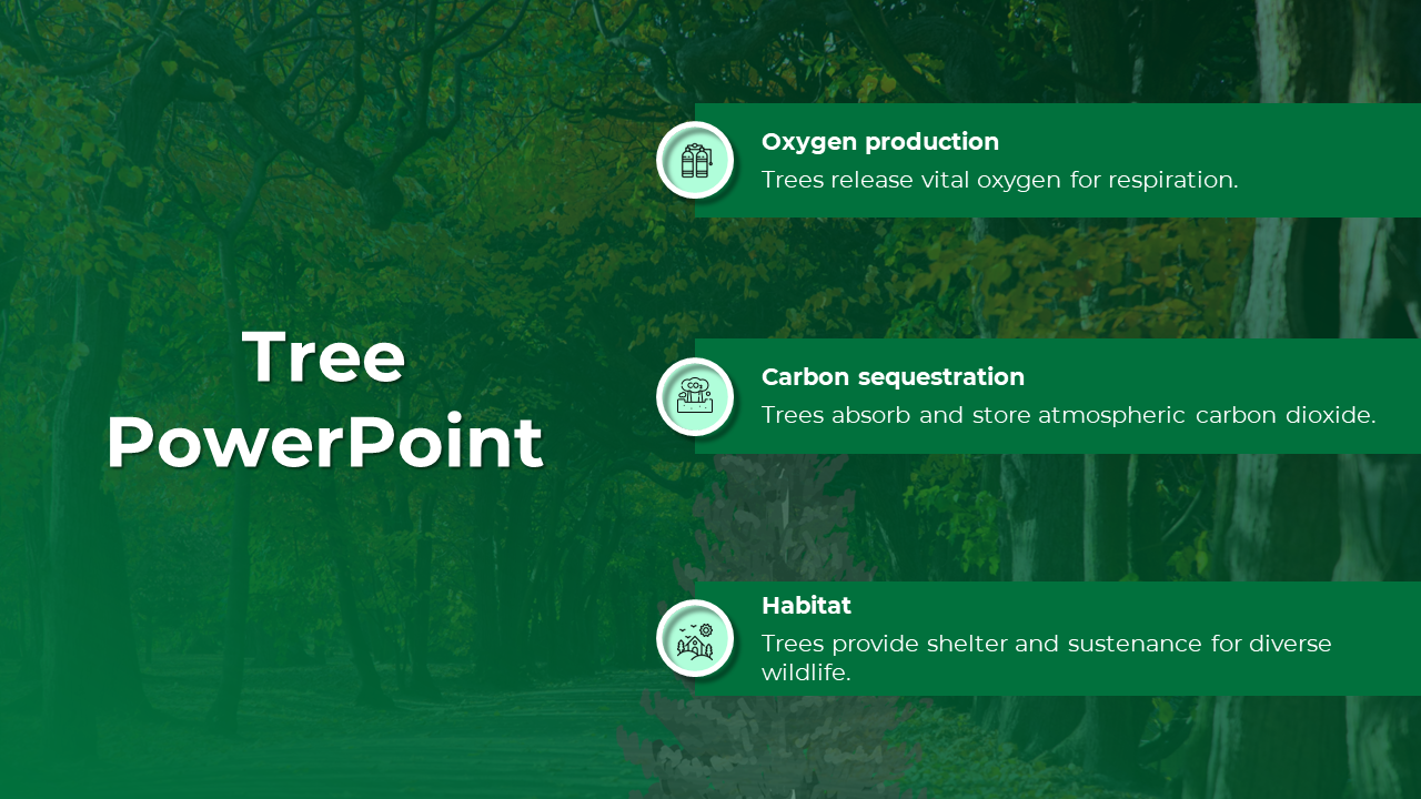 Slide with a green forest background featuring three captions about tree benefits, each with icons and text boxes.