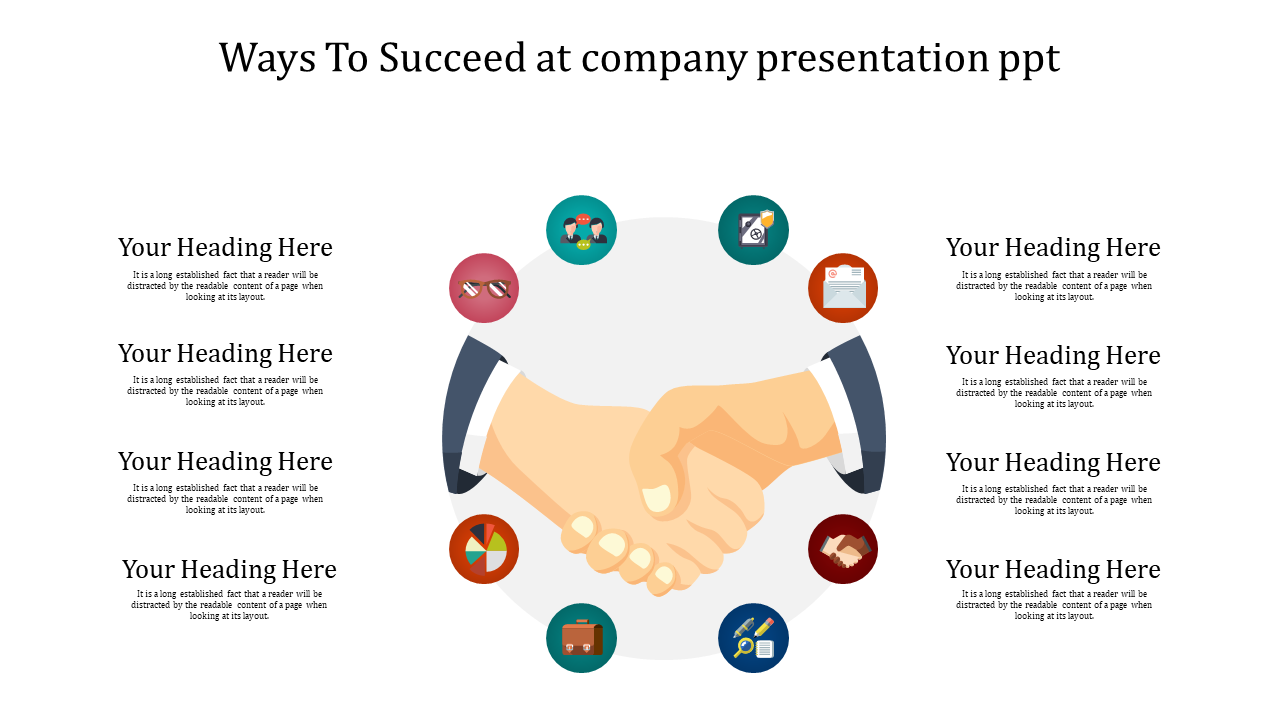 Infographic template for company presentations featuring a handshake and eight icons symbolizing various business themes.