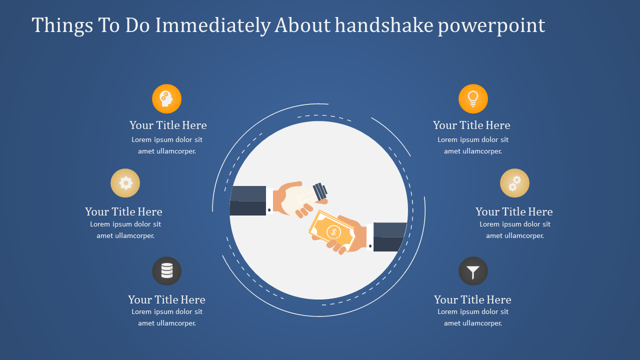 Handshake PowerPoint template with a central image of a handshake and surrounding icons for different points on a blue theme.