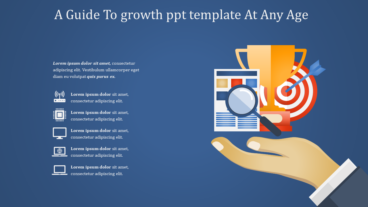 Growth slide featuring a trophy, target, and magnifying glass to illustrate business success with icons and placeholder text.