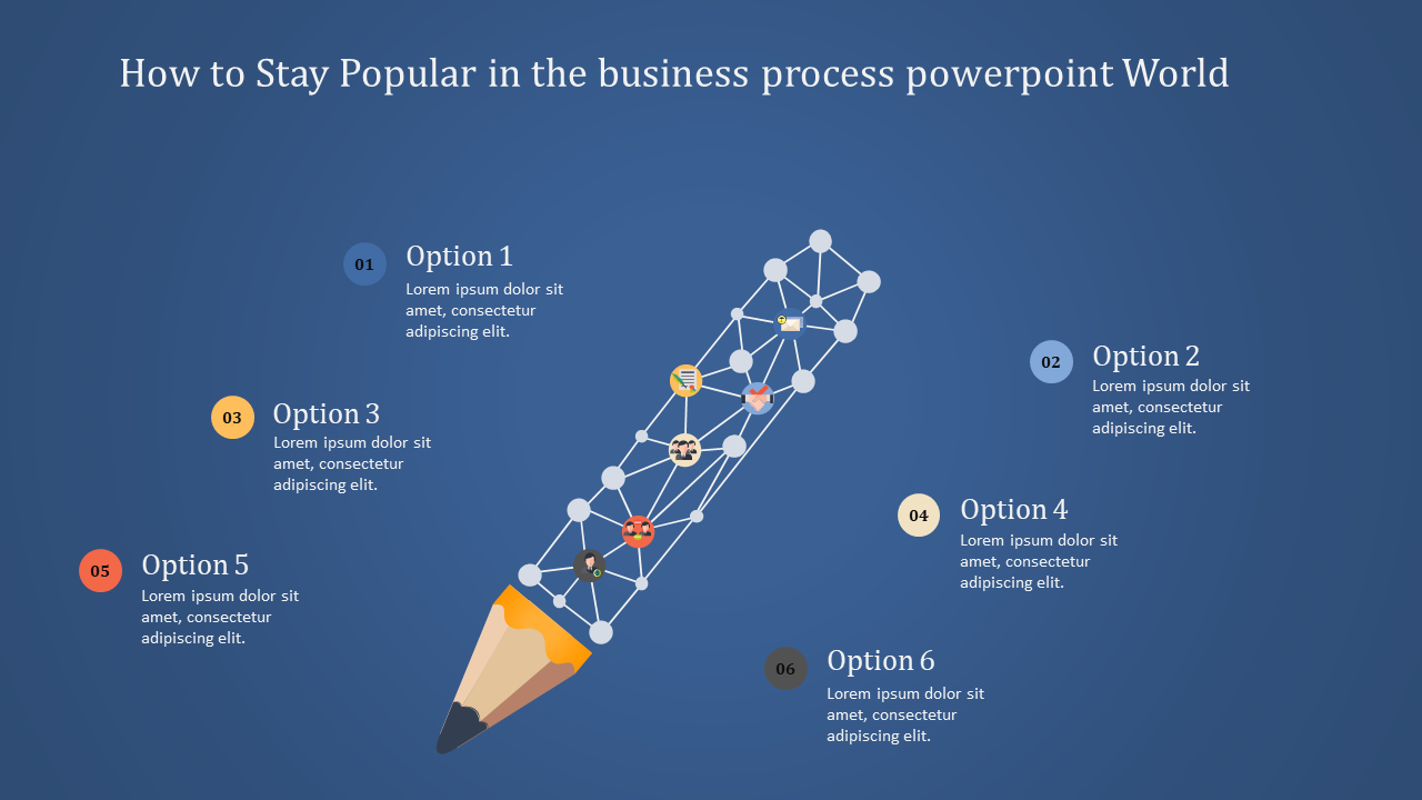 Business process themed infographic showing a pencil and a network of connected icons with six options and placeholder text.