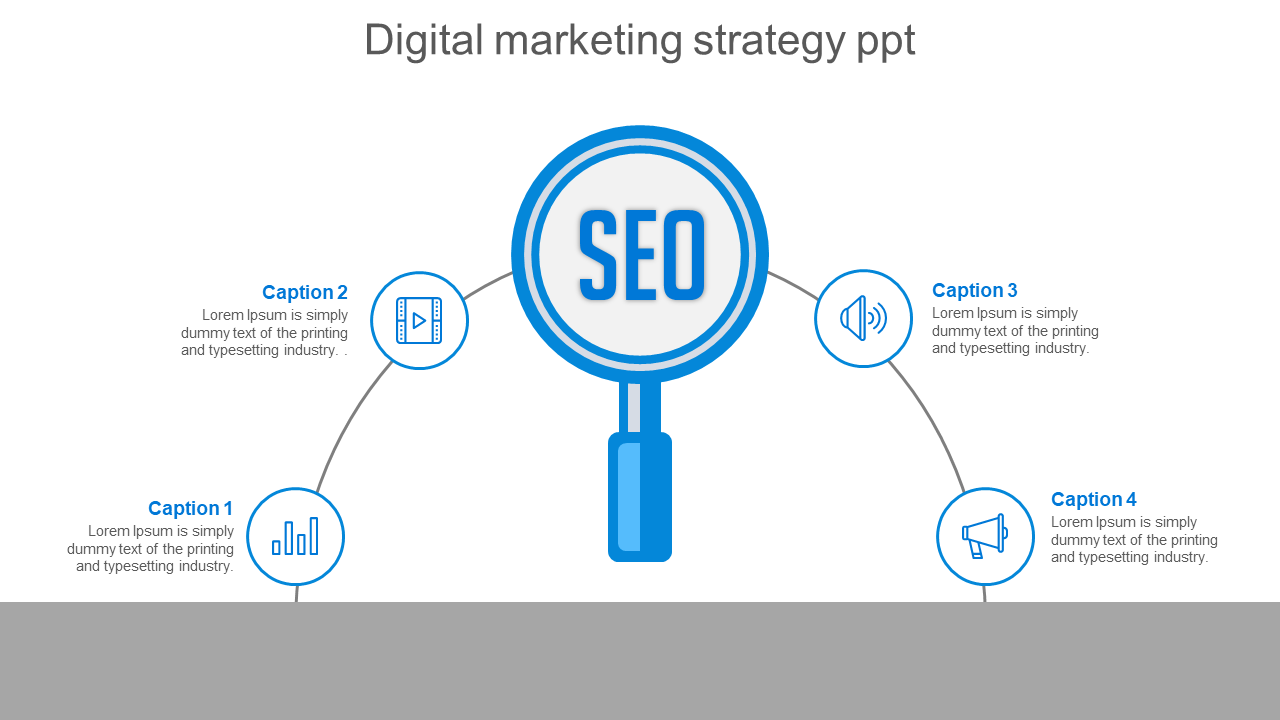 Digital marketing strategy PPT slide with SEO focus, including blue icons for video, audio, and data analysis, with captions.