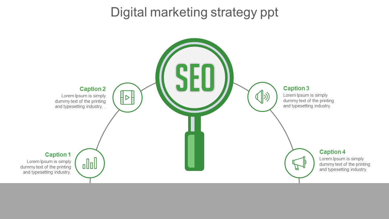 Digital marketing strategy slide with SEO focus, including green icons for video, audio, and data analysis, with captions.