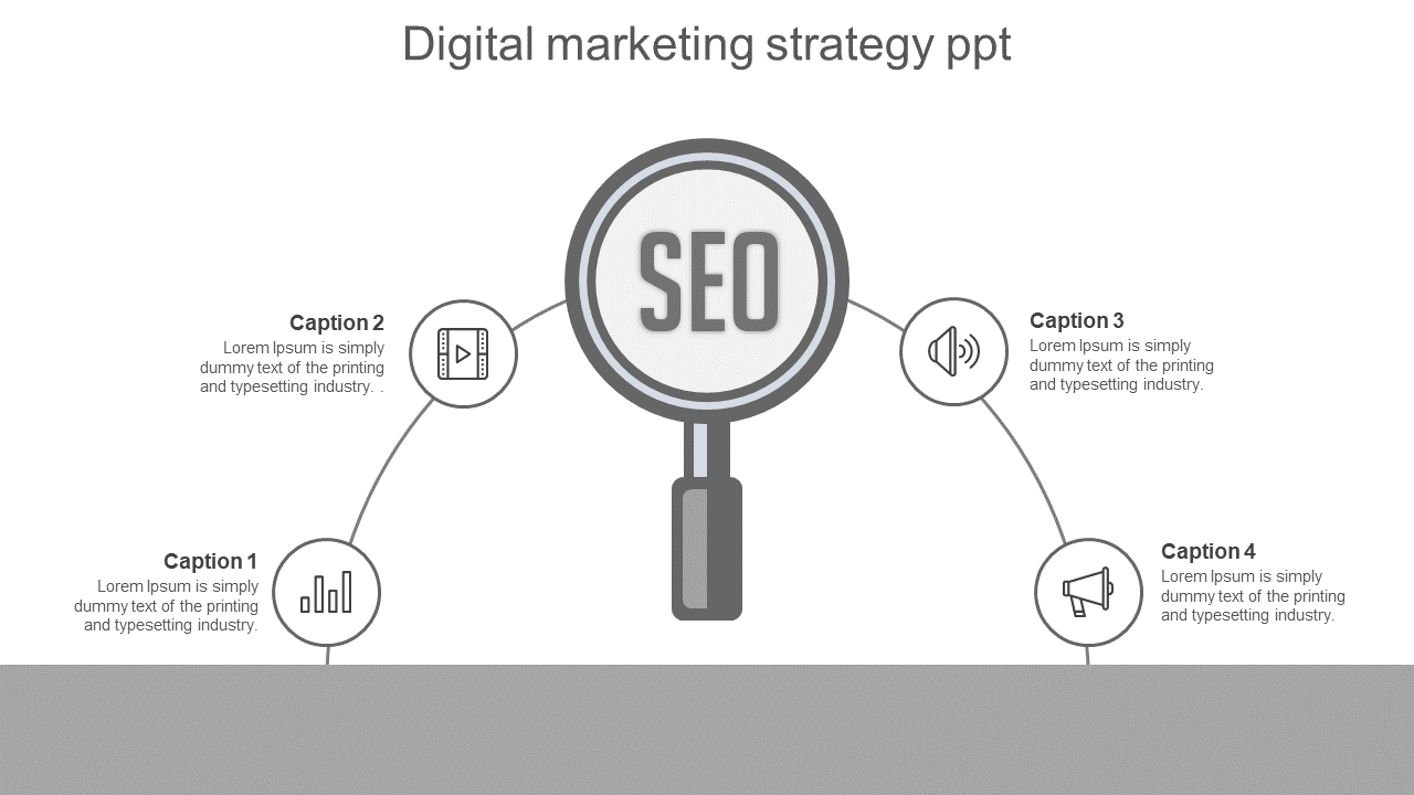 Digital marketing strategy diagram showing SEO in the center with four connected icons representing key elements.