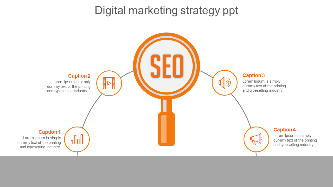 Orange themed digital marketing strategy slide with a magnifying glass and SEO centered, and four icons arranged in an arc.