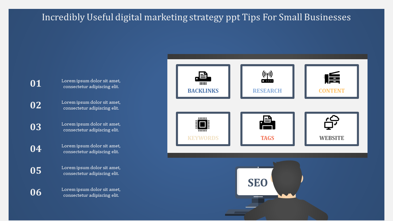 Digital marketing strategy slide with icons and numbered steps with human illustrations on a blue theme.