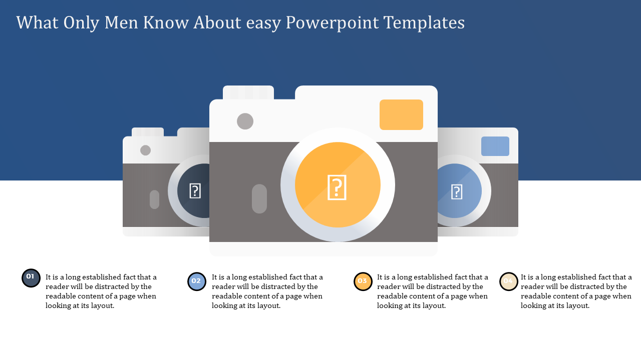 Easy template series of three cameras with question symbols, accompanied by four numbered captions below.