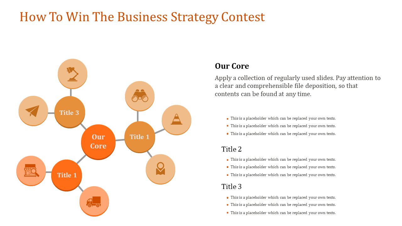 Business strategy PPT slide with circular icons representing different sections around a central core with placeholder text.